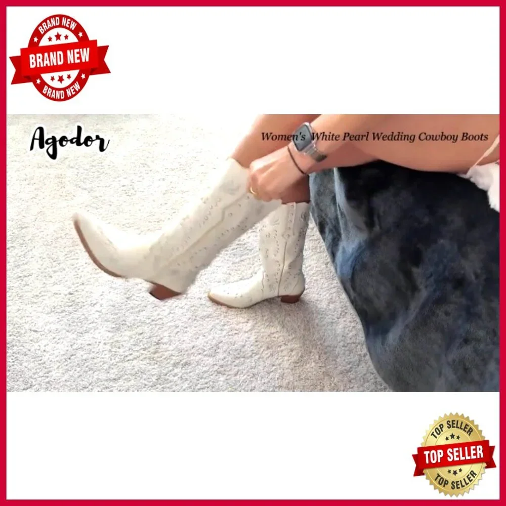 Pearl Embellished Knee High Cowboy Boots Chunky Heel Western Embroidery Pull On - Picture 7 of 7